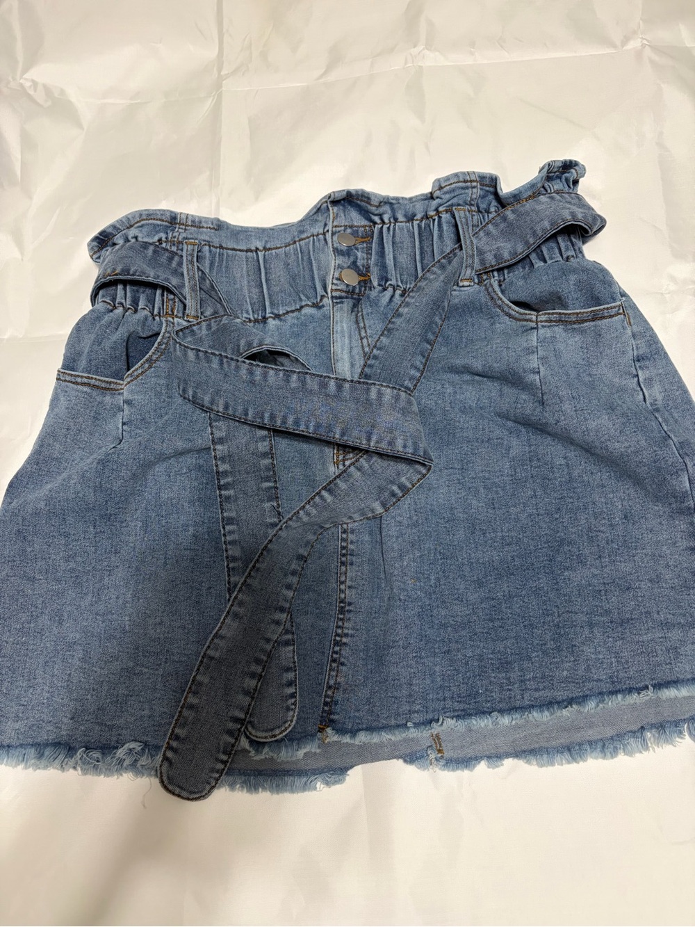 ARULA Blue Denim Paperbag Waist Mini Skirt with Self Tie Belt